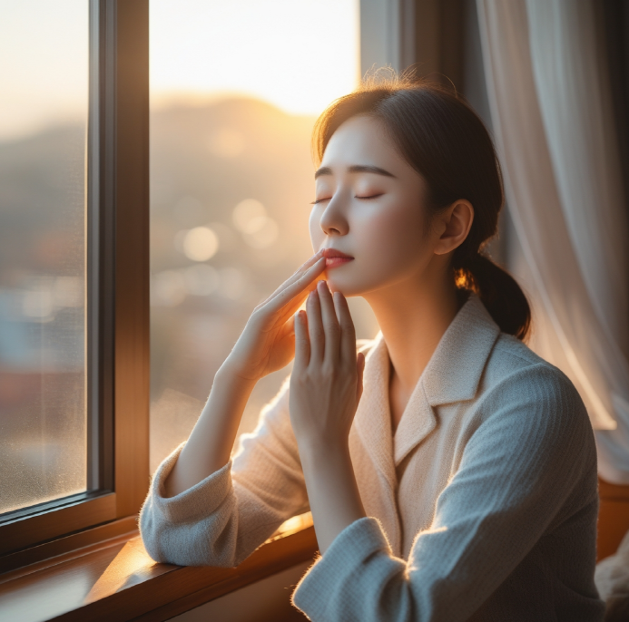 따뜻한 햇살 속 감정 조절 중인 차분한 모습