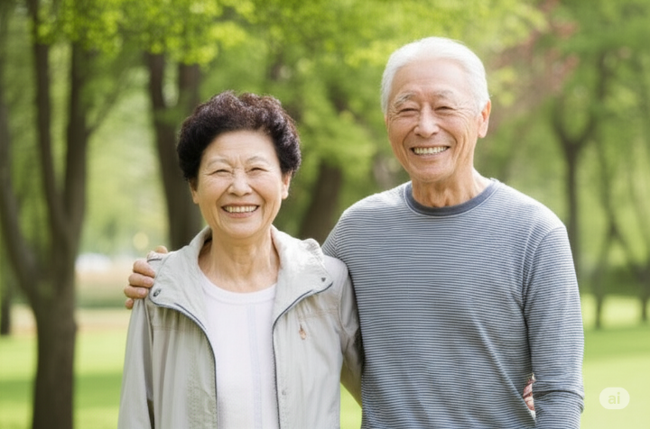 노인 부부가 공원에서 산책하며 즐겁게 웃는 모습, 건강하고 활기찬 노년의 행복을 보여줌