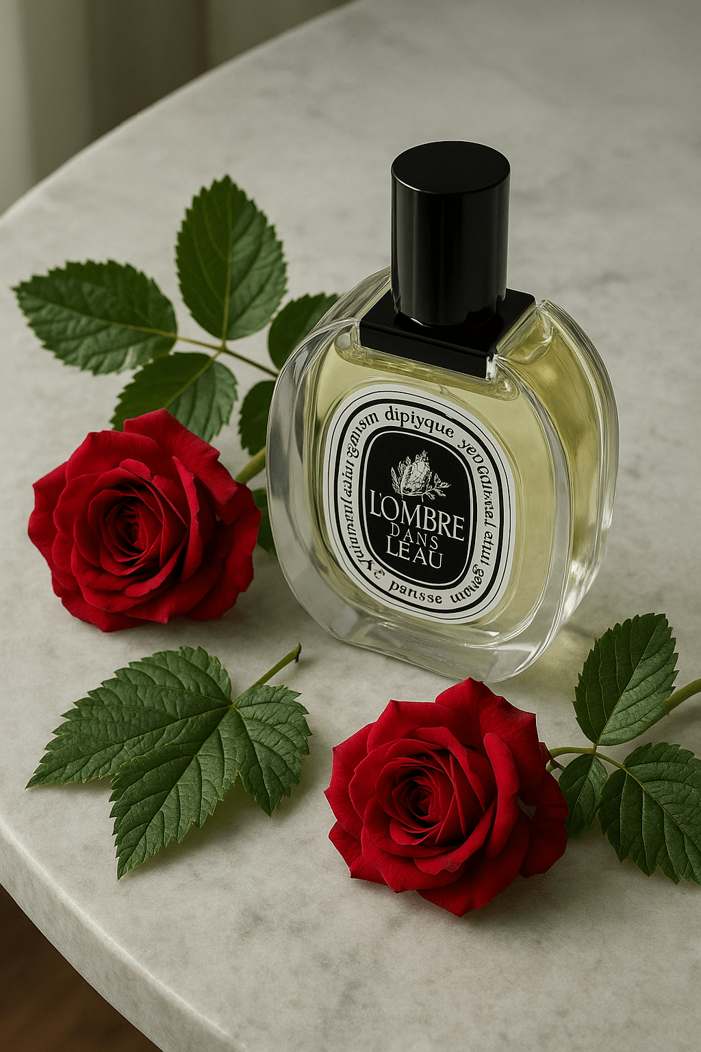 대리석 테이블 위에 놓인 딥티크 롬브르단로 향수병, 주변에는 신선한 블랙커런트 잎과 불가리안 로즈가 배치되어 있으며, 부드러운 자연광이 은은하게 비추는 예술적인 파리풍 스타일 사진