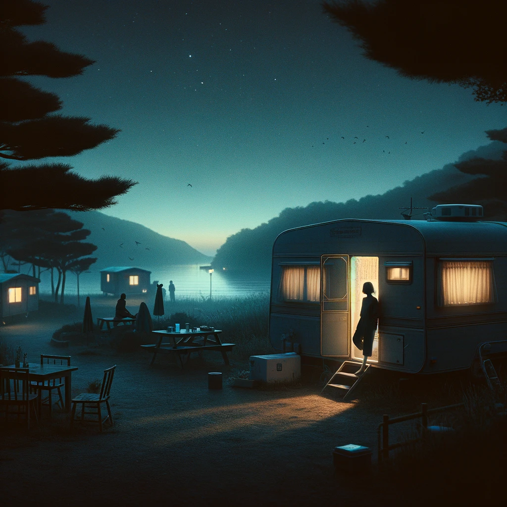 위의 그림은 "대부도 -하양동백" 시의 분위기를 담은 작품입니다. 새벽의 고요함 속 카라반에서 외로움과 그리움을 느끼는 순간을 시각적으로 표현하였습니다.