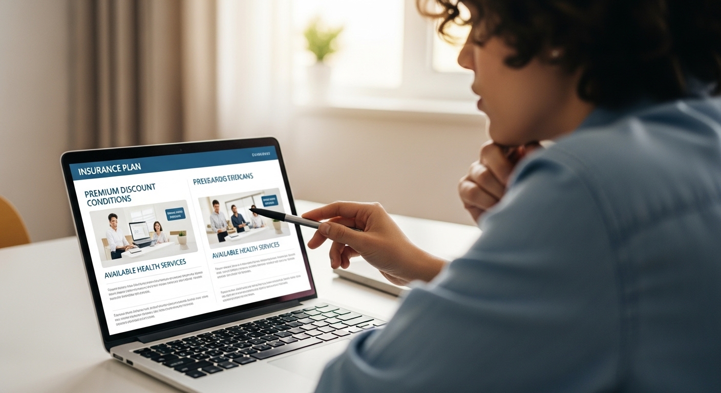 한 사람이 노트북으로 두 가지 헬스케어 보험 상품의 보험료 할인 조건과 부가 서비스를 비교하며 현명한 선택을 하고 있다.