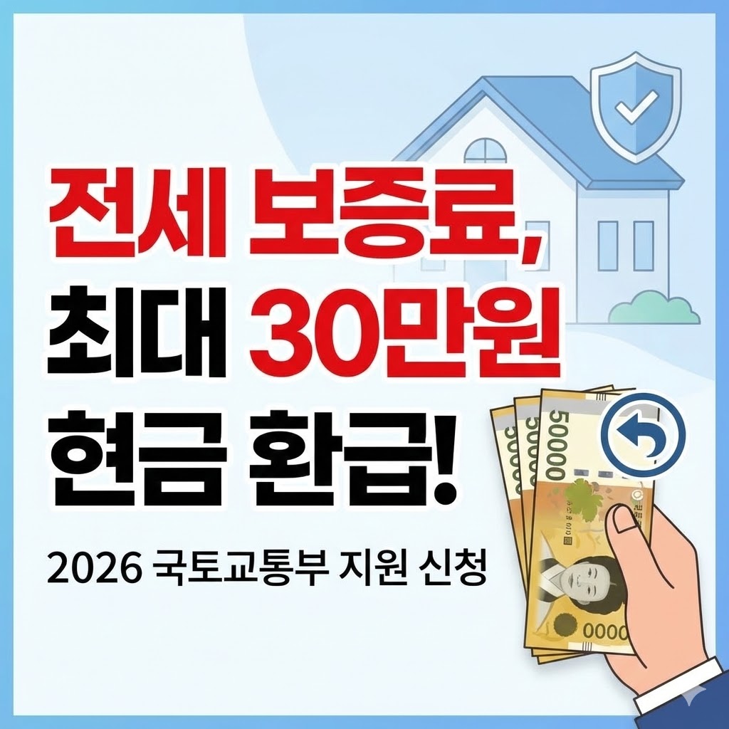 2026년 국토교통부 전세보증금 반환보증료 지원 사업의 연소득 요건(청년 5천, 신혼 7.5천), 지원 금액 최대 30만원, 정부24를 통한 신청 절차를 요약한 정보성 인포그래픽 이미지