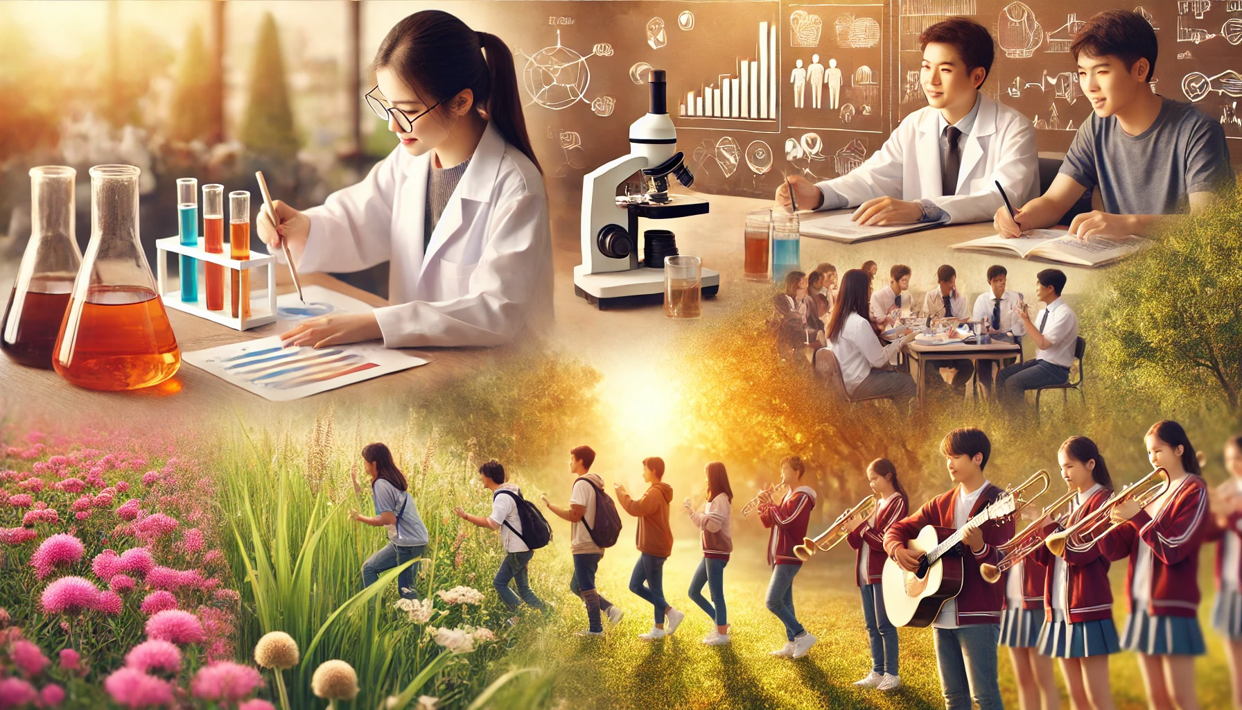 학생이 다양한 활동(탐구, 토론, 봉사, 연주)을 활기차게 참여하는 장면