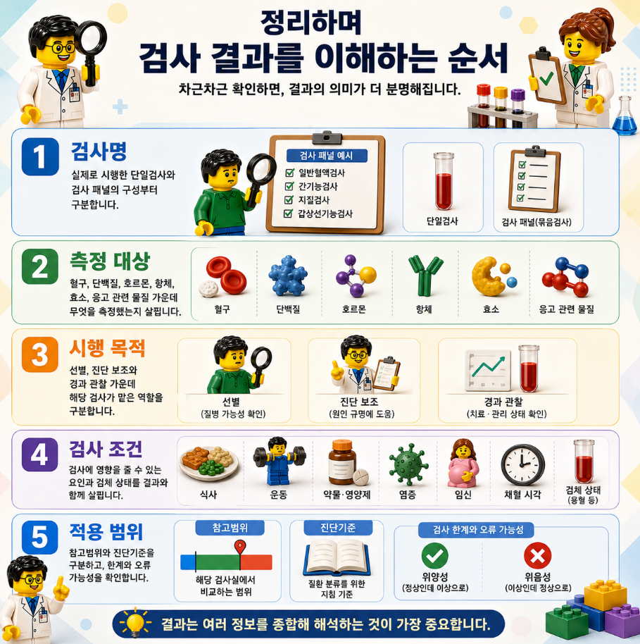 혈액검사 결과를 이해하는 순서와 검사명, 측정 대상, 검사 조건, 적용 범위를 요약한 레고 스타일 메디컬 인포그래픽