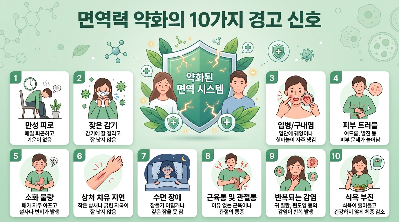 면역력 저하 증상과 몸의 변화 신호를 설명하는 건강 인포그래픽