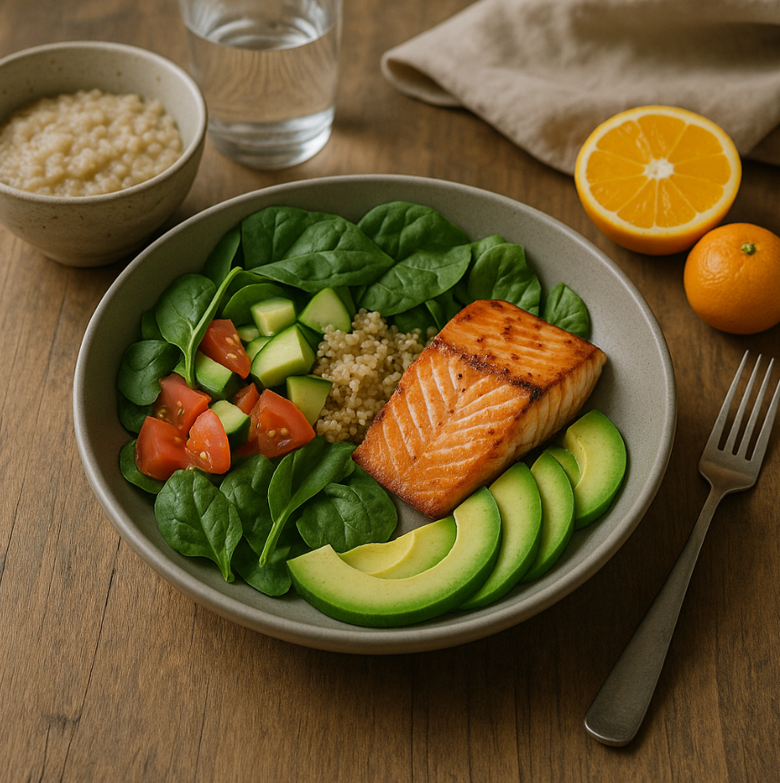 정갈하게 담긴 삶은 달걀, 아보카도, 샐러드, 닭가슴살 등이 나무 접시에 놓인 모습. 균형 잡힌 식사와 공복 시간을 시각적으로 보여주는 이미지