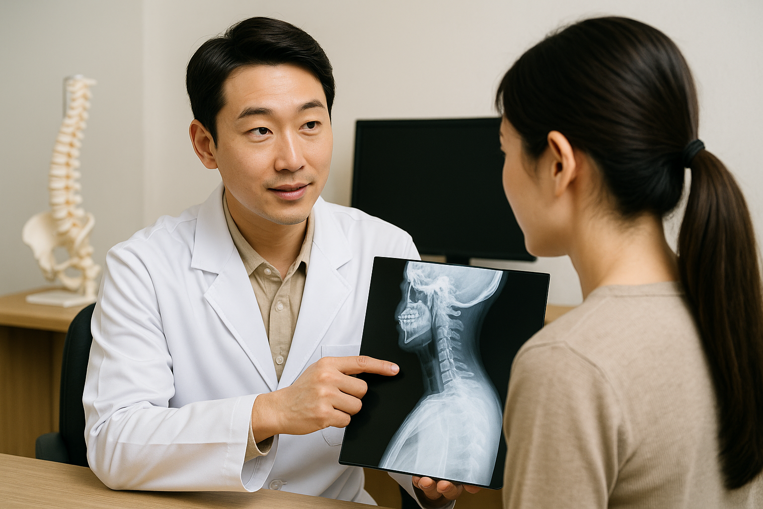 한의사가 여성 환자의 어깨에 손을 얹고 경추 엑스레이를 함께 보며 상담하고 있는 장면. 진료실 뒤에는 해부 골격 모형과 식물이 배경으로 있는 한의원 상담실.