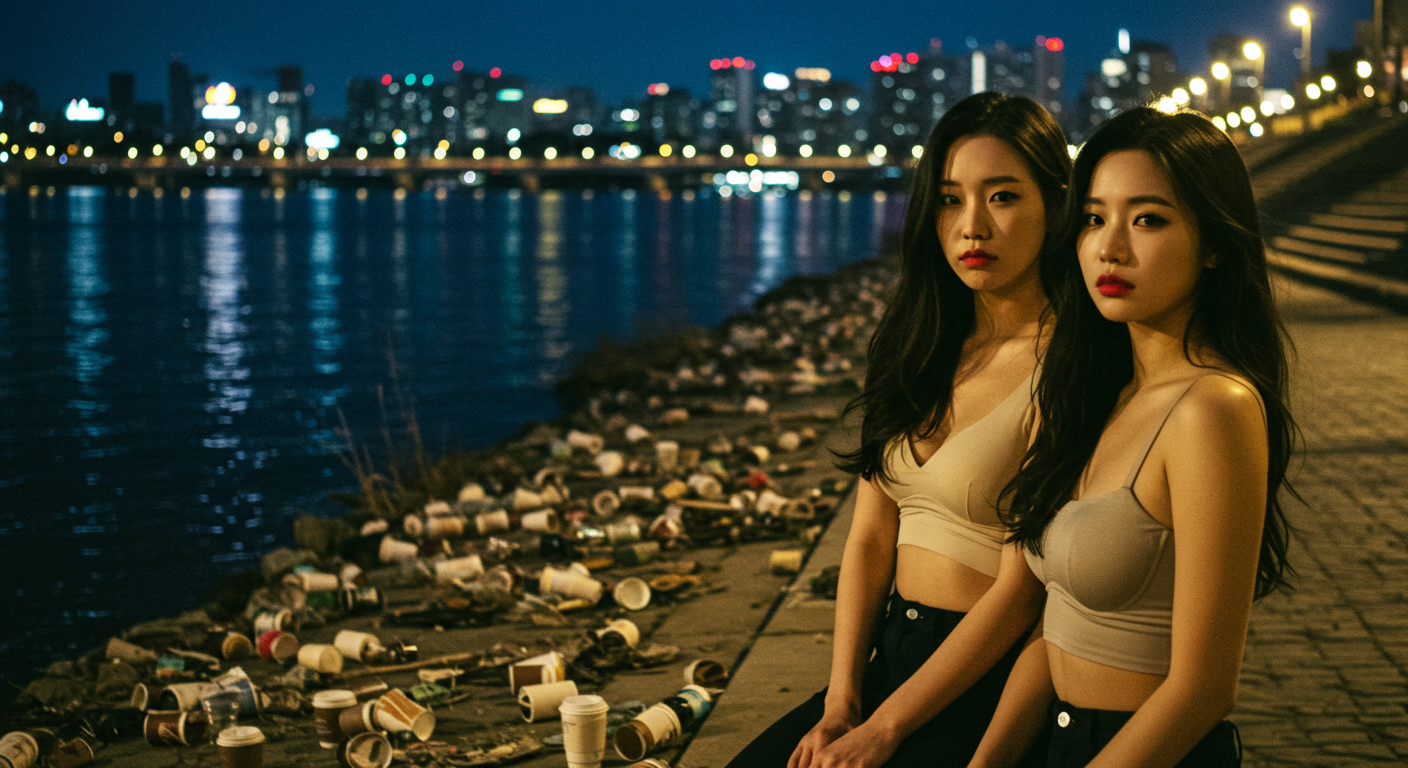 한강 쓰레기를 보고있는 여자들