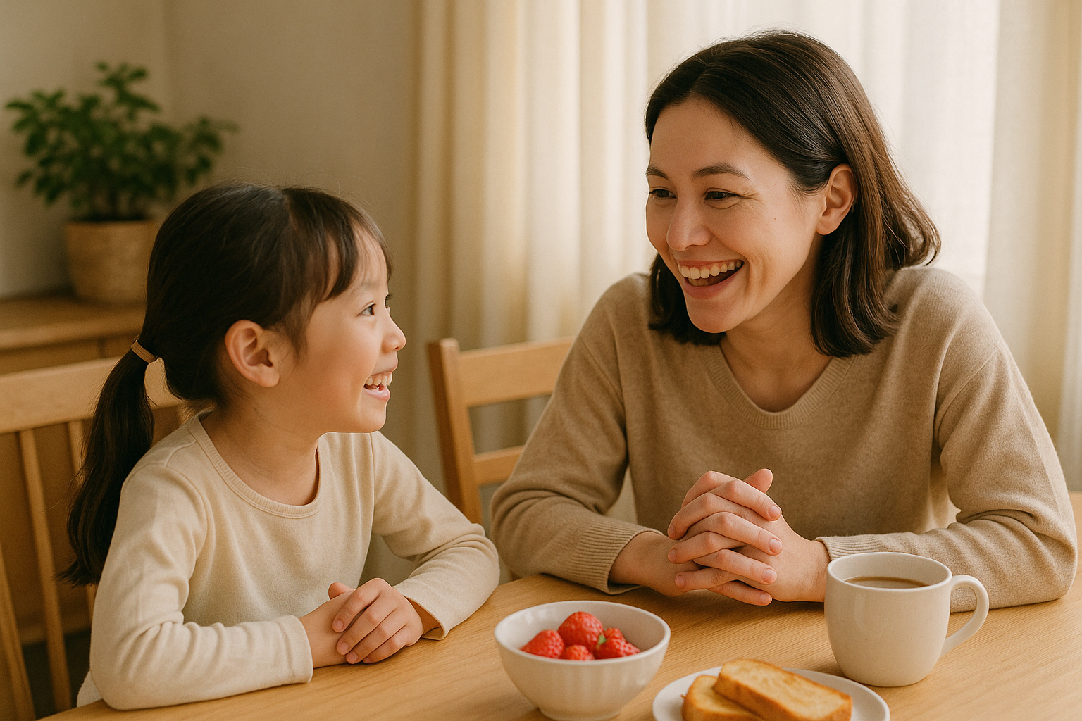 엄마와 아이랑 즐겁게 대화나누는 모습 사진
