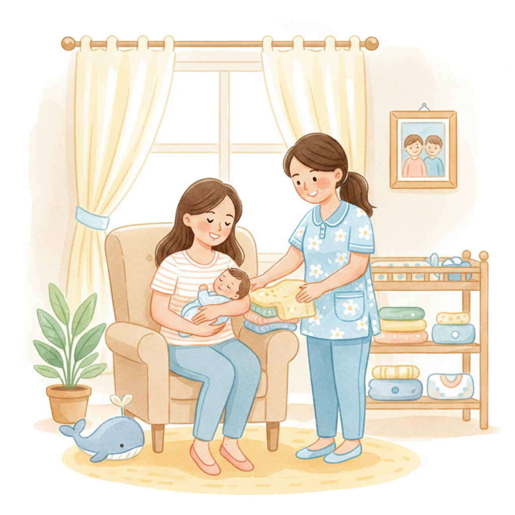 포근한 거실에서 산모가 신생아를 안고 있고, 옆에서 산후도우미 건강관리사가 밝게 웃으며 아기 옷을 정리해 주는 수채화풍 삽화 - 정부지원 산후도우미 서비스 신청 안내