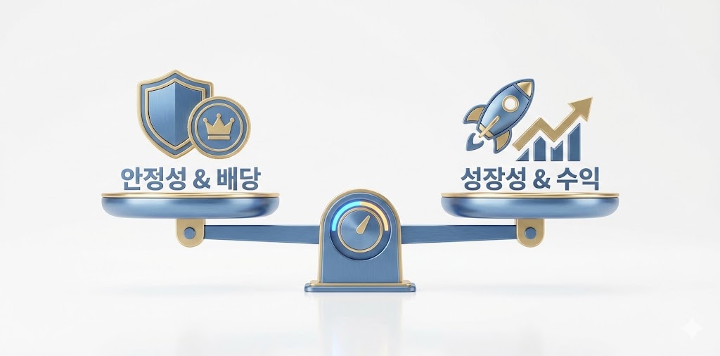 저울의 한쪽에는 '안정적인 배당'이, 다른 한쪽에는 '강력한 수익성'이 놓여 완벽한 균형을 이루고 있는 바벨 전략 인포그래픽