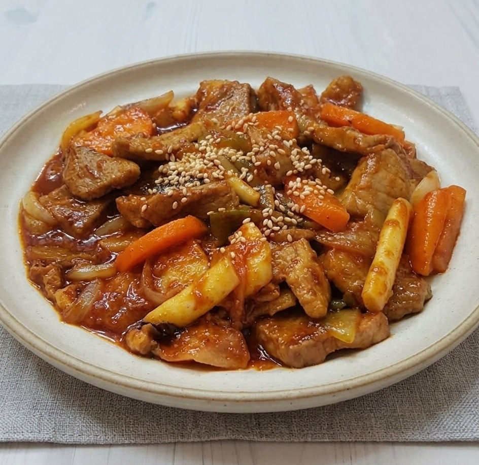 밝은 톤의 나무 식탁 위 회색 린넨 매트와 세라믹 접시에 담긴 먹음직스러운 오삼불고기 로우 앵글 사진. 삼겹살, 당근, 대파, 떡이 매콤한 고추장 양념에 볶아져 있고 통깨가 뿌려진 모습.