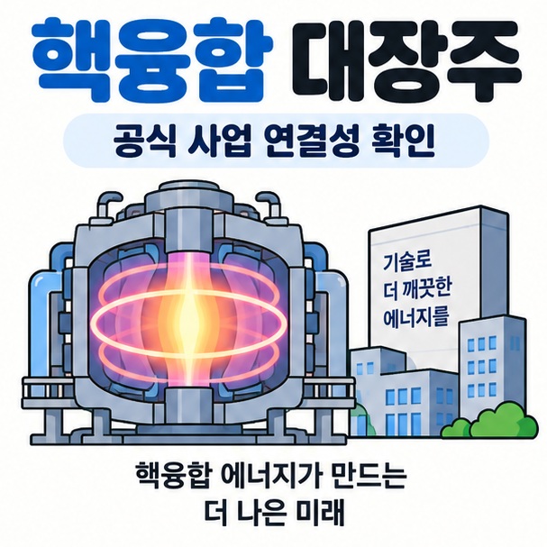 핵융합 토카막과 반도체형 제어장치 아이콘을 중심으로 핵융합 대장주 문구를 보여주는 대표 이미지