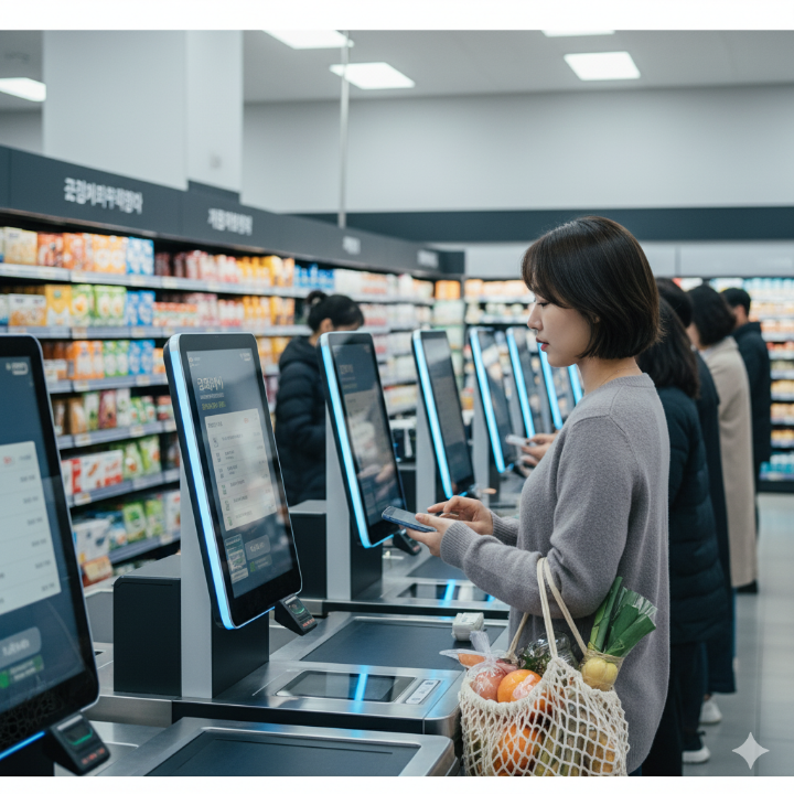 대형마트에서 고객이 무인 계산대 키오스크를 사용하여 스스로 결제하고 있는 모습