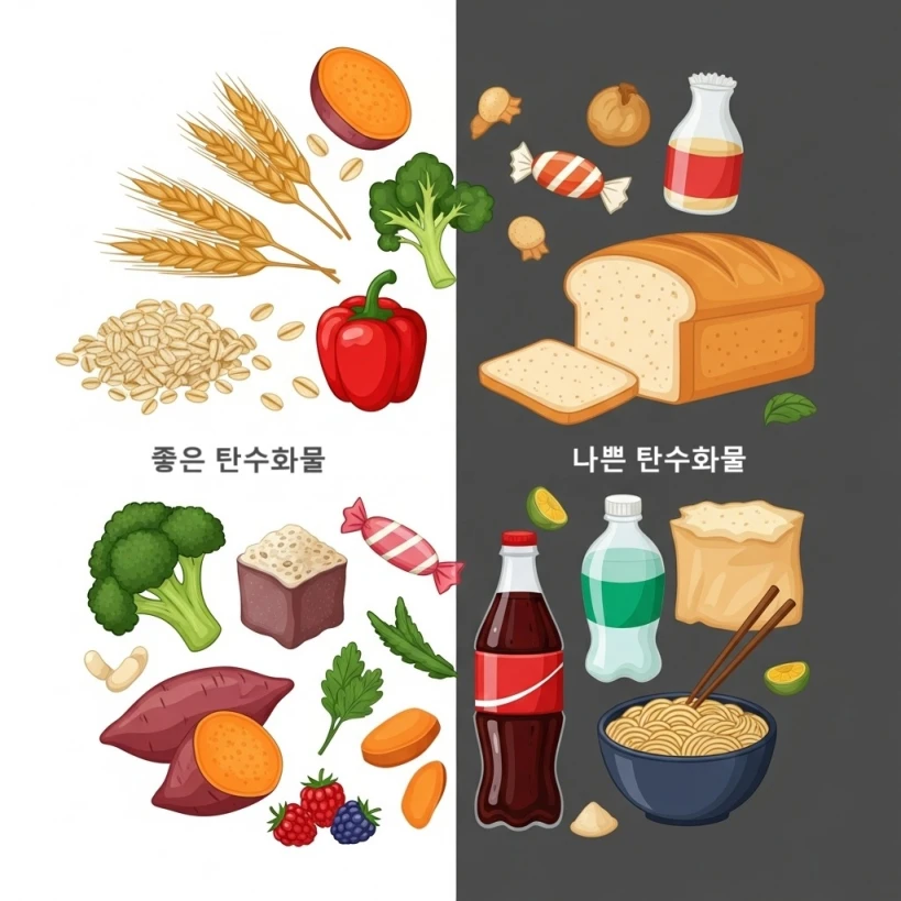 좋은 탄수화물과 나쁜탄수화물의 종류를 그림으로보여줌. 일러스트 이미지