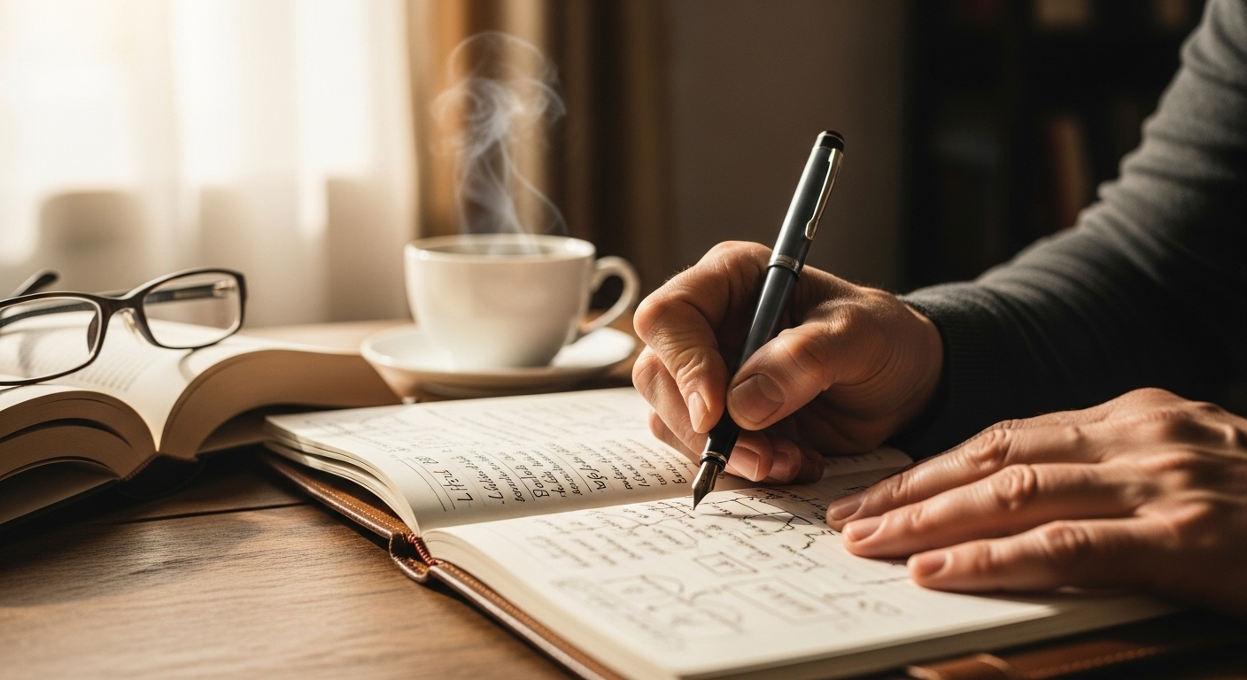 은퇴 후 새로운 인생 계획을 노트에 기록하는 60대 시니어의 손