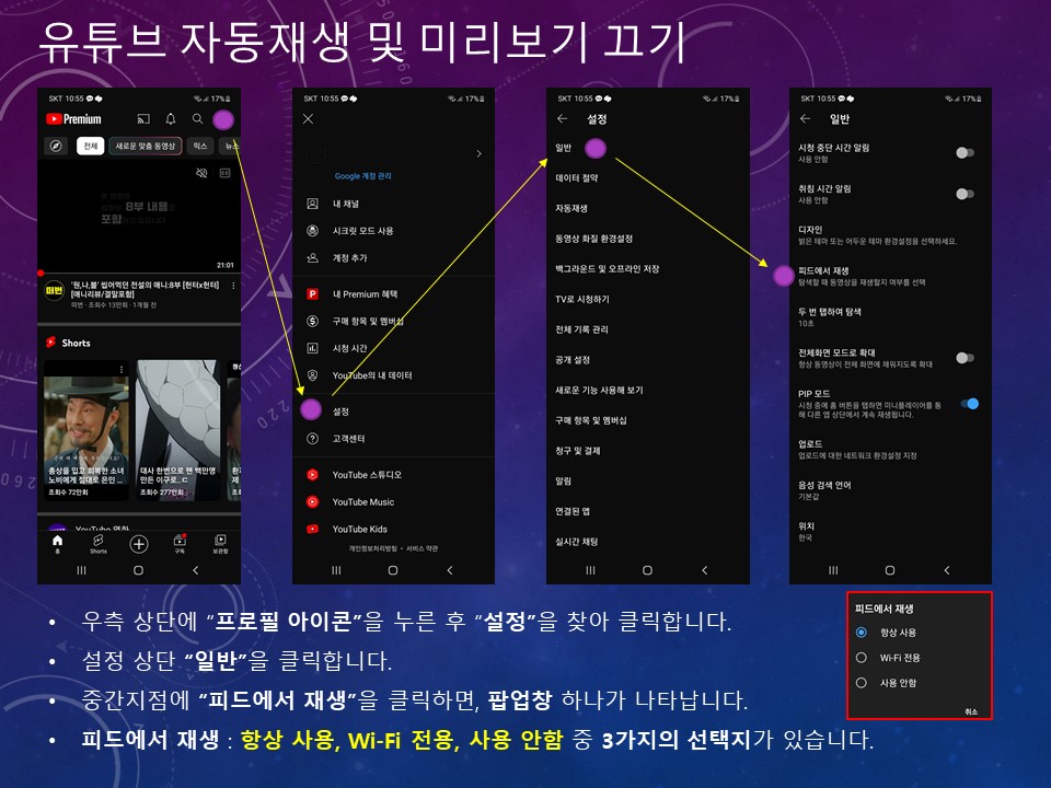 유튜브 자동 재생 및 미리보고 끄기 방법을 기술한 설명 이미지입니다.