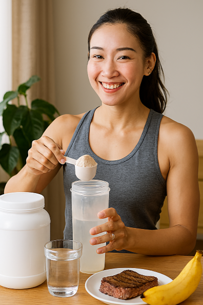 - 운동복을 입은 여성이 단백질 쉐이크를 준비하며 밝은 표정으로 서 있고 식탁 위에는 단백질 파우더, 물, 스테이크, 바나나 등 회복에 필요한 식품들이 놓여 있는 사진