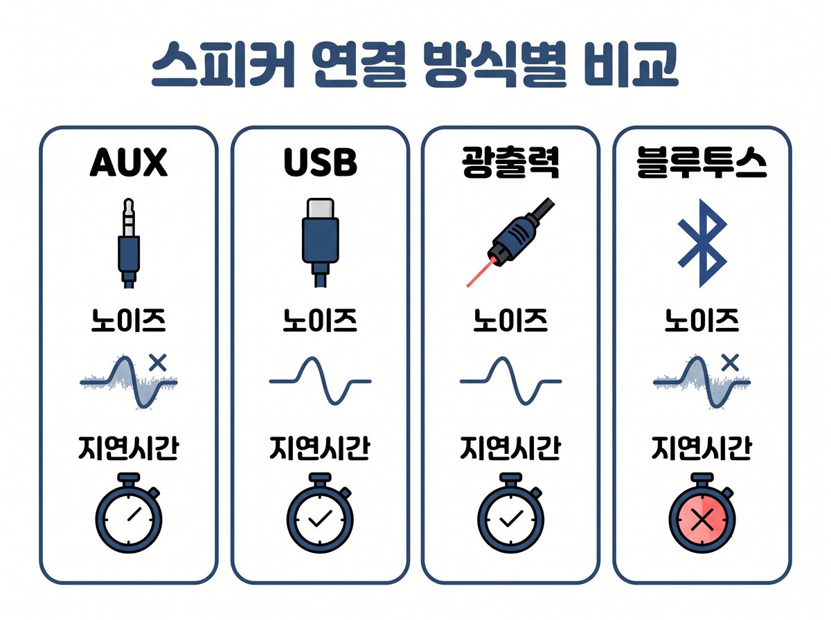 스피커 연결 방식별 비교 AUX USB 광출력 블루투스 노이즈 지연시간 차이