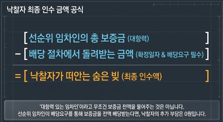 선순위 임차인의 총 보증금 - 배당절차에서 돌려받는 금액 = 낙찰자가 떠안는 숨은 빚