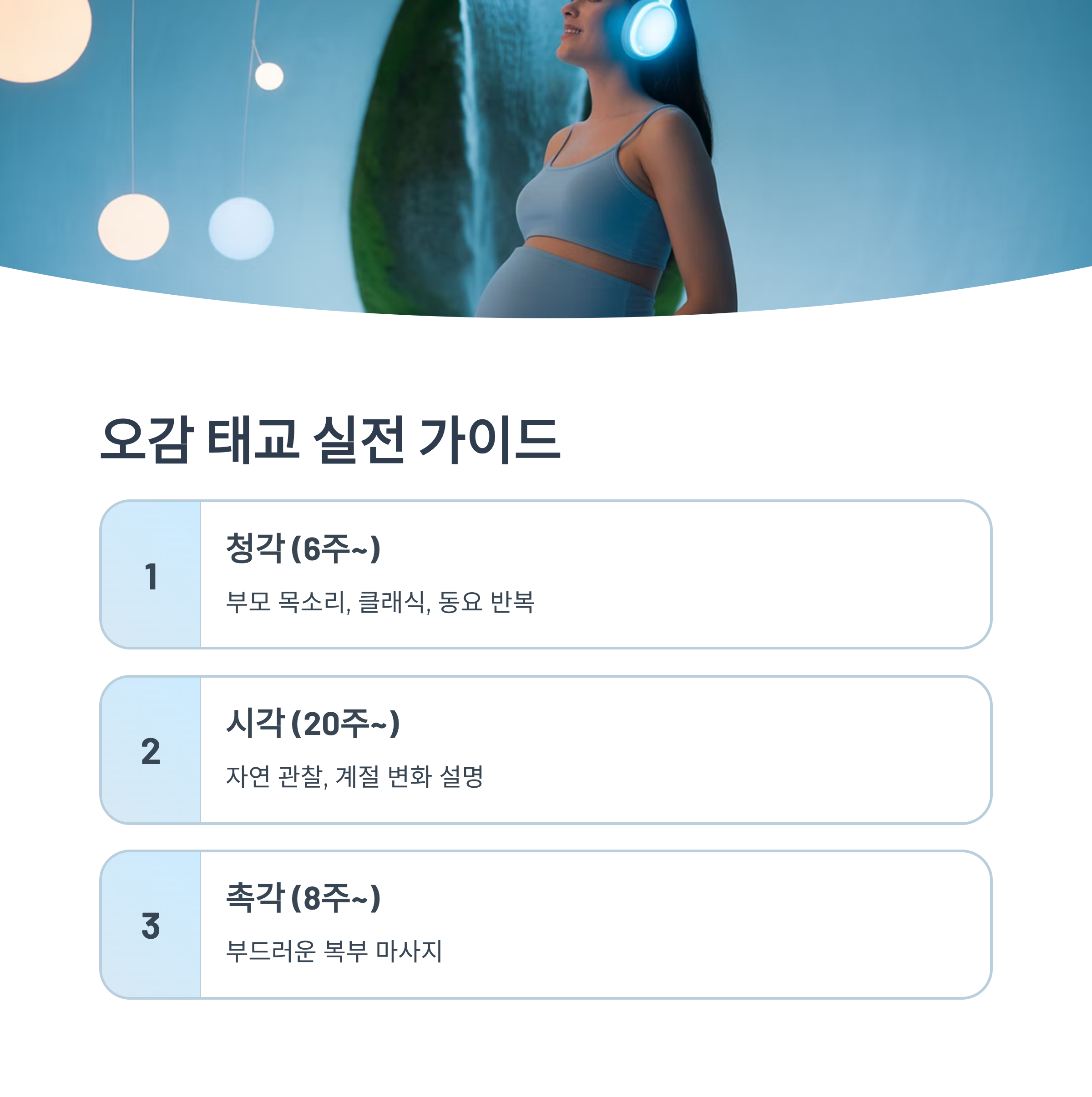 헤드폰을 착용한 임신부가 음악을 듣는 모습과 함께 청각·시각·촉각 자극 중심의 오감 태교 실전 가이드를 정리한 인포그래픽