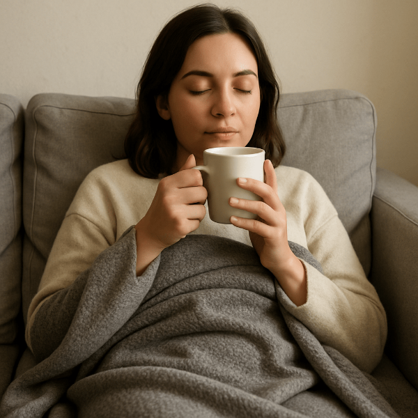 갱년기로 인한 감정의 기복을 안정시키는 휴식 시간을 보내는 여성.소파에 앉아 담요를 덮고 차를 마시며 눈을 감고있다