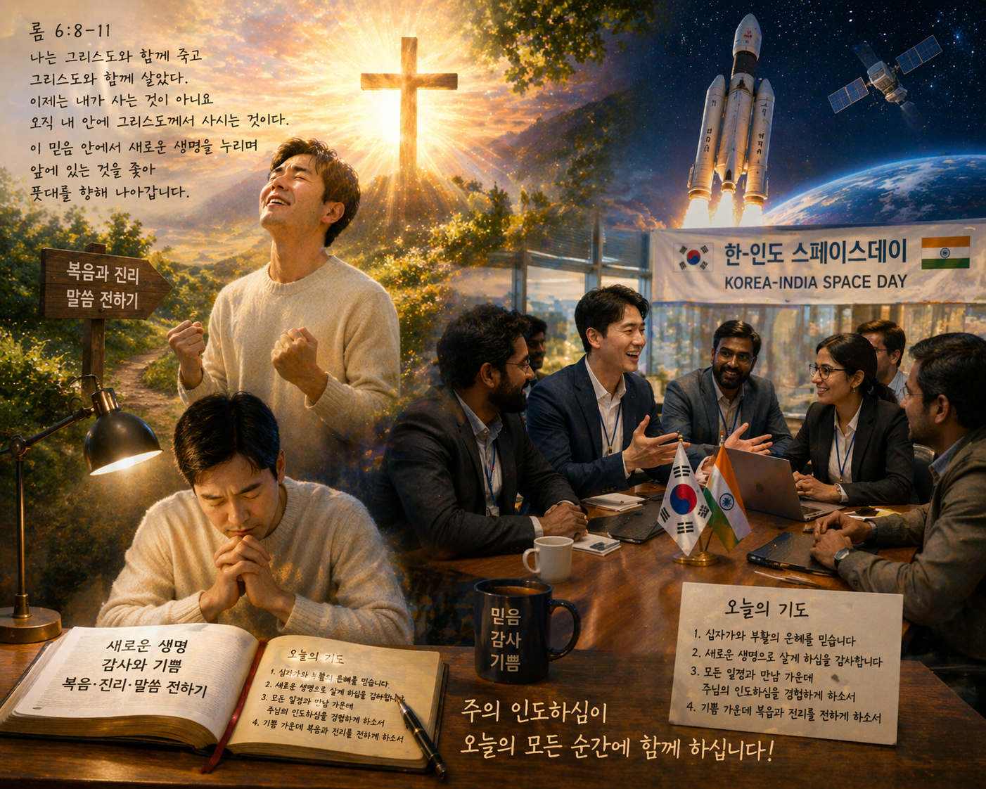 롬 6:8-11 말씀에서 제가 진정 예수 그리스도의 십자가에서의 죽으심과 부활하심에 동참하여 그를 믿고 구원에 이르렀음을 믿는 믿음 안에서 새로운 생명을 갖게 되었음을 인정하는 기도와 구원의 기쁨 안에서 오늘 일어나는 모든 일들 가운데 감사와 기쁨 가운데 앞에 있는 것을 좇아 푯대를 바라보며 복음과 진리와 말씀 전하려는 시도를 하는 모습입니다. 특히 오늘 인도와 한-인도 스페이스데이를 하며 인도 우주청 분들과 미팅하게 되는데, 모든 과정 가운데 기쁨 가운데 하나님의 인도하심을 경험하는 시간이 되는 모습입니다.