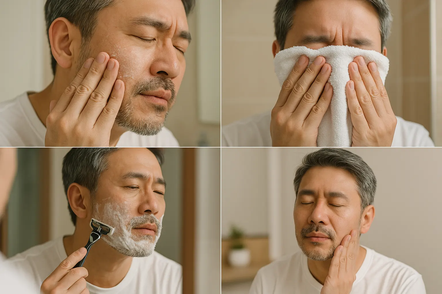 각질 정돈, 따뜻한 수건, 면도, 사후 진정의 수염 관리 루틴
