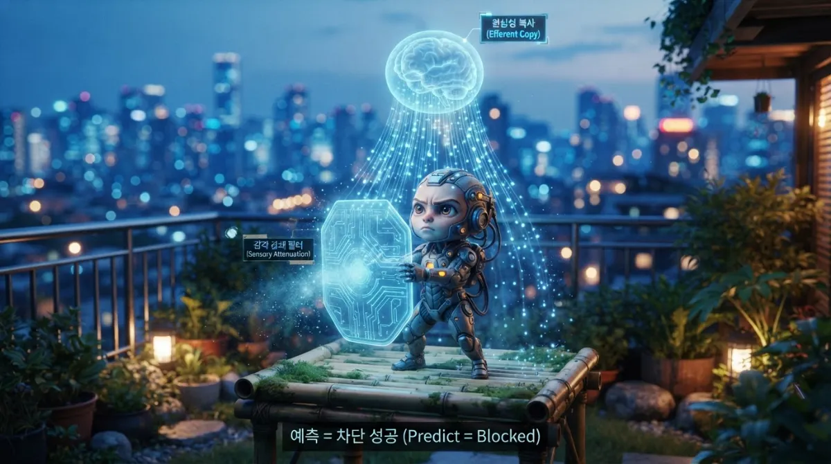 옥상 정원 황혼 배경에서 미니미 캐릭터가 푸른 발광 방패를 양손으로 들어 체성감각 신호 빛 입자의 절반을 차단하는 장면. 머리 위 반투명 뇌 에너지 구체에서 신호가 내려오고, 차단된 입자는 안개처럼 흩어짐