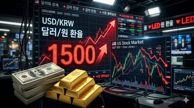 환율 1500원 상승과 달러 금 미국주식 투자 전략을 설명하는 이미지
