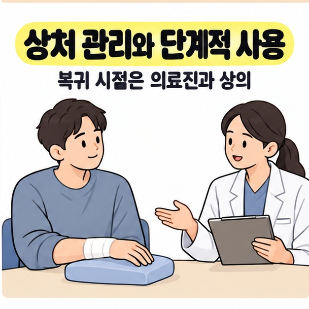 손목에 드레싱을 한 남성이 쿠션 위에 손을 올리고 의료진에게 상처 관리와 활동 복귀 안내를 듣는 그림