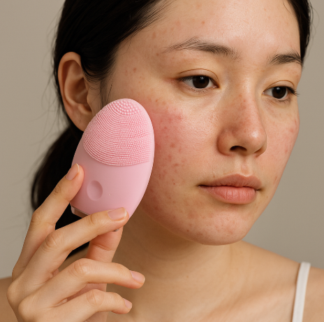 민감성 피부를 가진 여성이 뷰티 디바이스를 사용하고 있는 모습