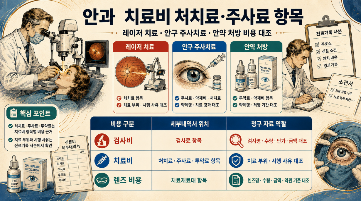 안과 레이저 치료, 안구 주사치료, 안약 처방 비용의 처치료·주사료·투약료 항목을 정리한 인포그래픽