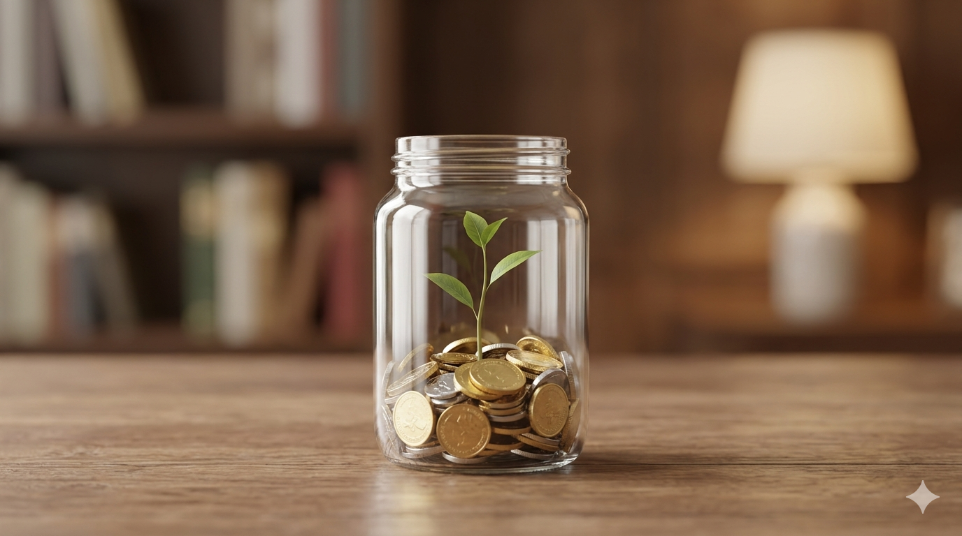 투명한 유리병 속에 가득 찬 동전들 사이로 푸른 새싹이 돋아나 있는 모습. 모건 하우절의 돈의 심리학에서 강조하는 복리의 힘과 시간이 지남에 따라 자산이 성장하는 과정을 시각적으로 표현한 전문적인 투자 관련 사진.