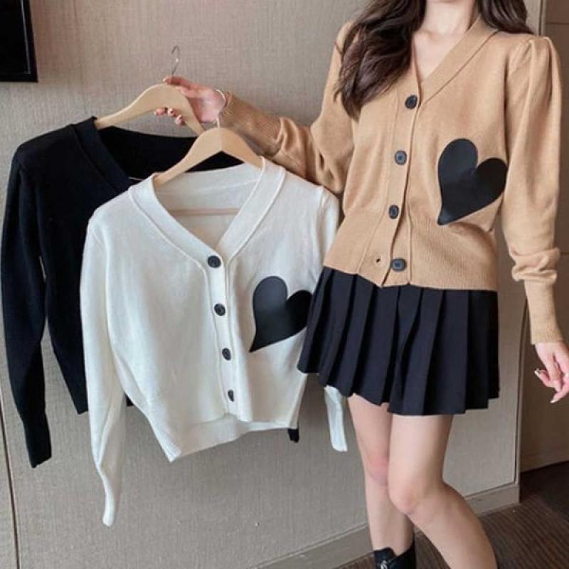 여성 간절기 니트 하트 자수 숏가디건 가을 의류