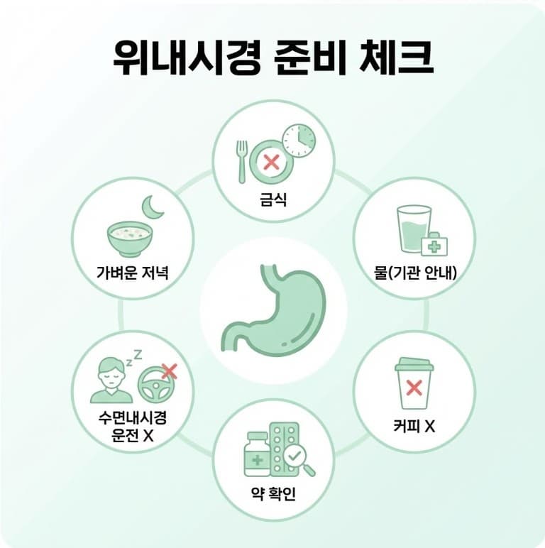 위내시경 전날&middot;당일 준비사항(금식&amp;#44; 물&amp;#44; 커피&amp;#44; 약&amp;#44; 수면내시경 운전 금지)을 정리한 체크리스트 인포그래픽