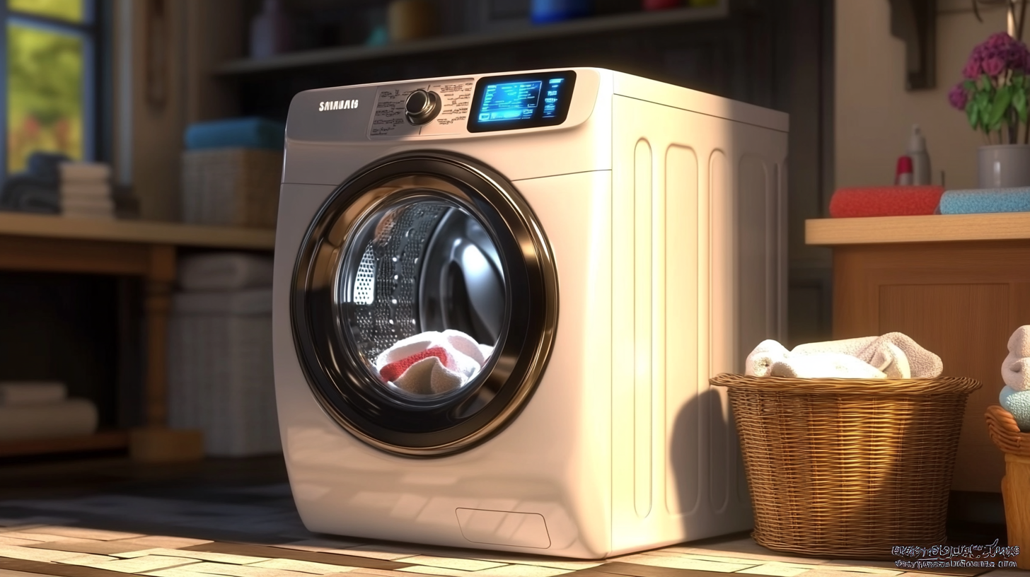우아한 세탁실에서 현대적인 장식과 함께 놓여 있는 삼성 세탁기의 미래지향적 터치스크린 인터페이스를 클로즈업한 장면입니다. 세탁기의 혁신적인 기능과 디자인을 강조합니다.