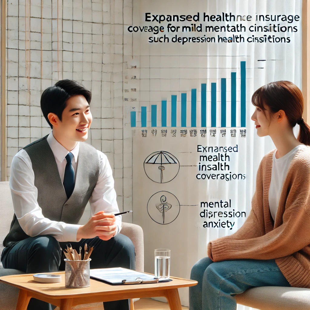차분한 환경에서 심리 상담을 진행하는 상담사와 환자&amp;#44; 우울증 및 불안장애 치료를 위한 건강보험 확대 내용을 강조한 한국어 차트 포함