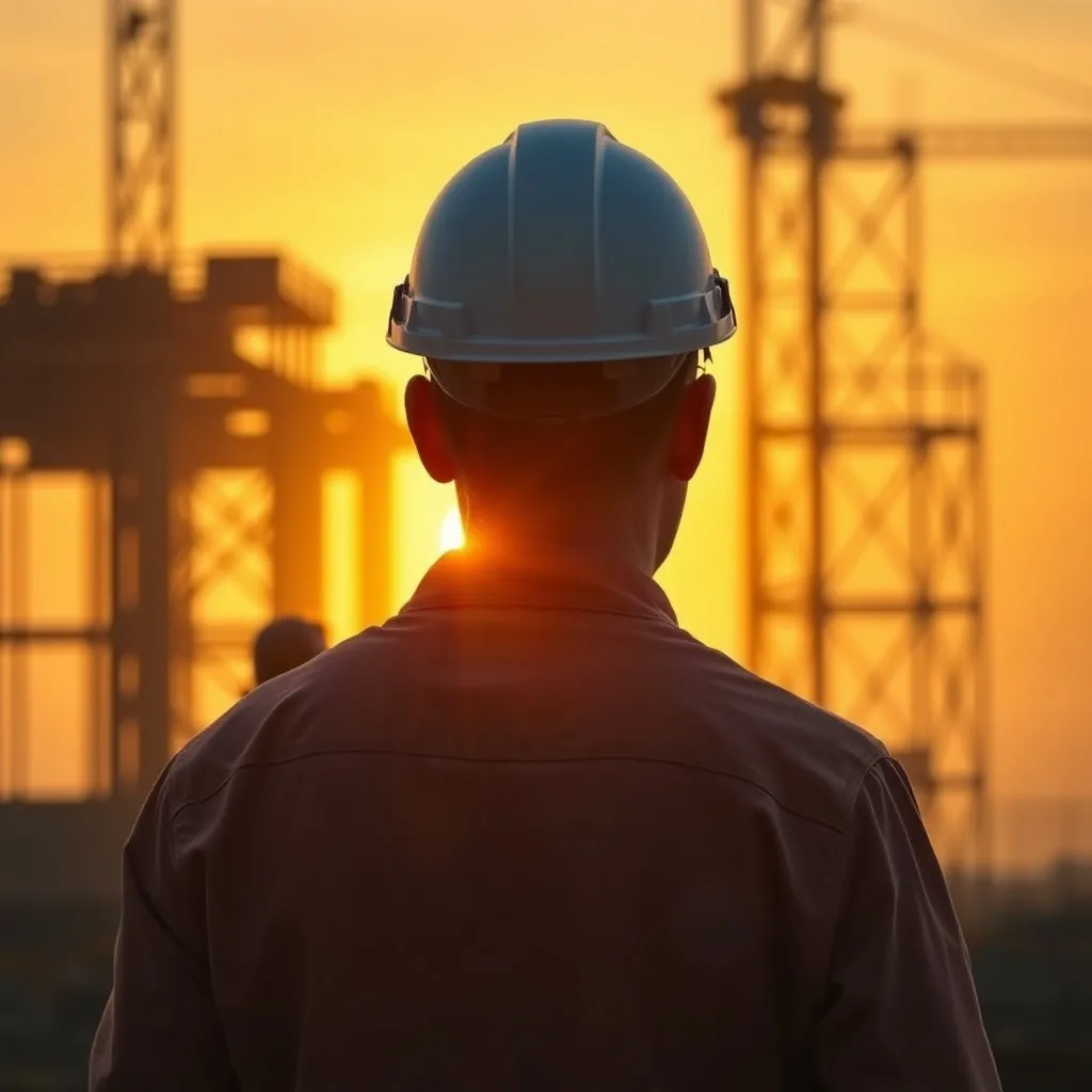 석양이 지는 건설 현장에서 안전모를 쓴 건설 근로자가 먼 곳을 바라보는 뒷모습을 담습니다. 그의 어깨는 든든해 보이며, 그 너머로 희미하게 가족의 모습이나 아이가 공부하는 모습이 오버랩되어 나타납니다. 따뜻하고 서정적인 분위기로 연출합니다.