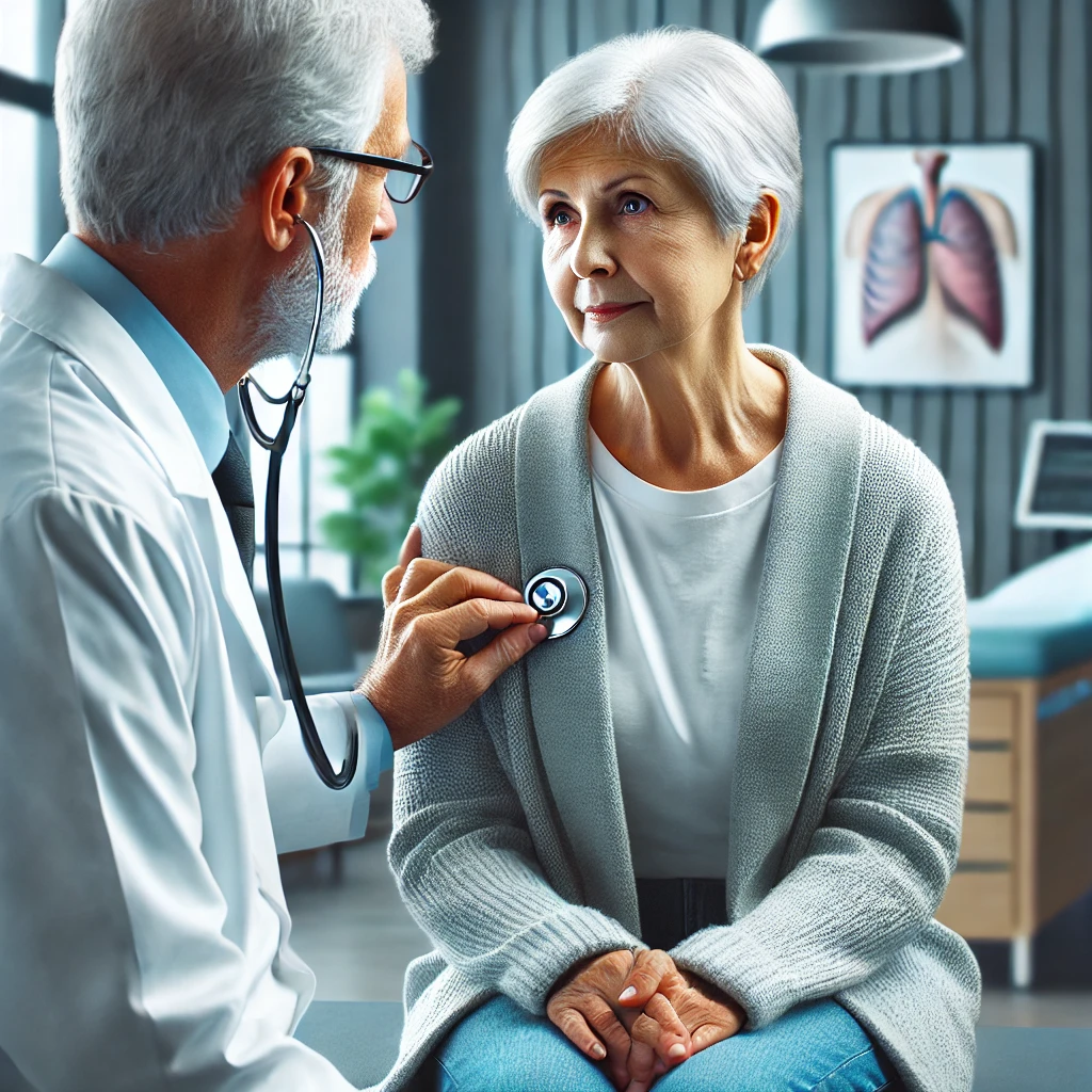 노년 여성이 클리닉에서 의사의 진찰을 받으며 걱정스러운 표정을 짓는 모습