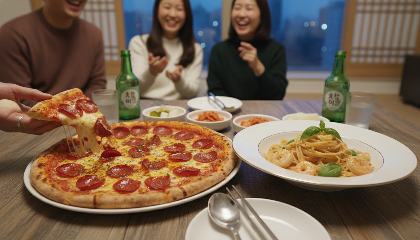 페퍼로니 피자와 로제 파스타가 함께 차려진 한국 홈파티 테이블. 먹음직스러운 음식들이 조화롭게 놓여있다.