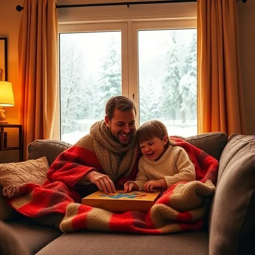 따뜻한 빛이 드는 거실에서 부모와 아이가 함께 미소 지으며 담요를 덮고 보드게임을 하는 장면을 묘사합니다. 창밖에는 눈 내리는 풍경이 보이지만, 실내는 온화하고 포근한 분위기입니다.