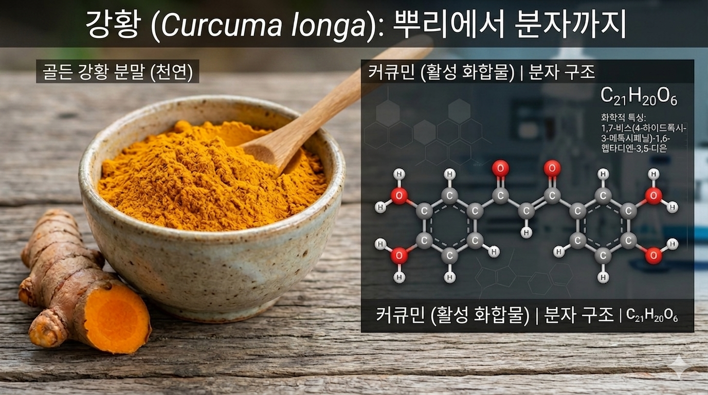 강황 뿌리와 분말 가루 옆에 표시된 커큐민 활성 화합물의 화학 분자 구조 그래픽