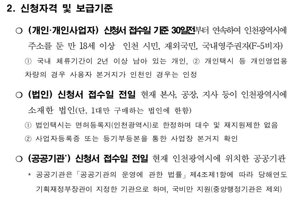 인천광역시 전기차 보조금 지원대상 및 지원조건
