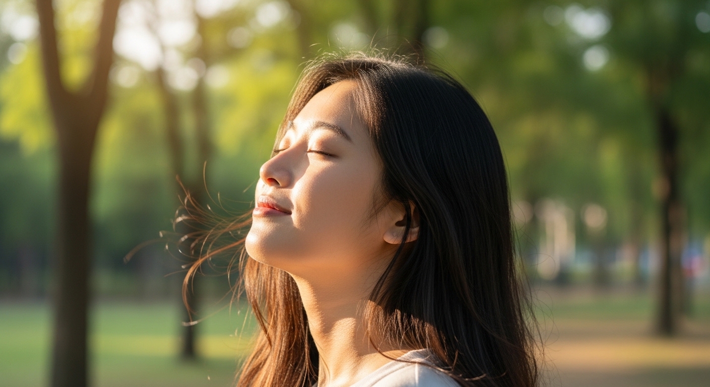 햇빛을 받으며 눈을 감은 여성