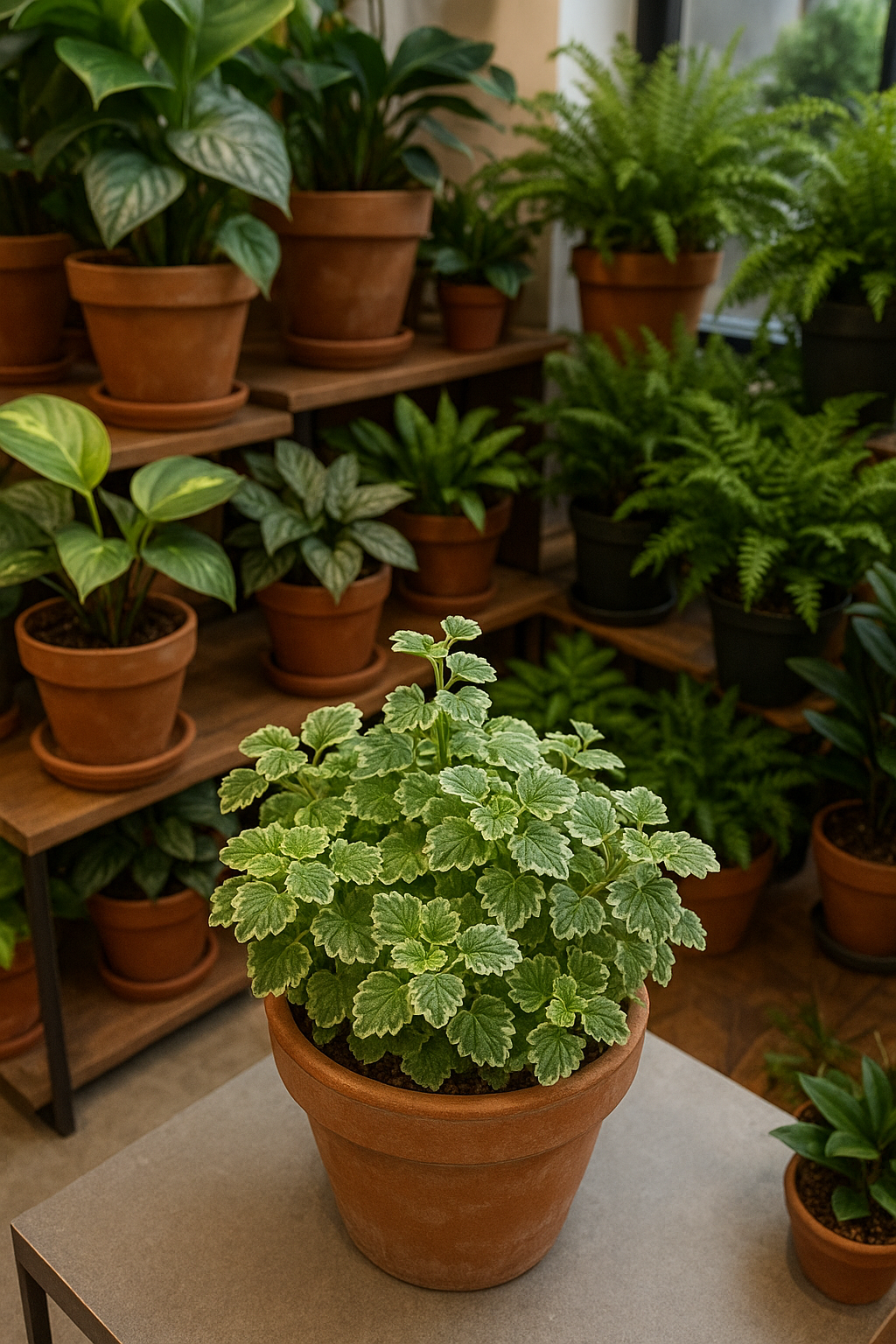 매장 선반에 진열된 여러 식물들 사이, 토분에 식재된 글레코마