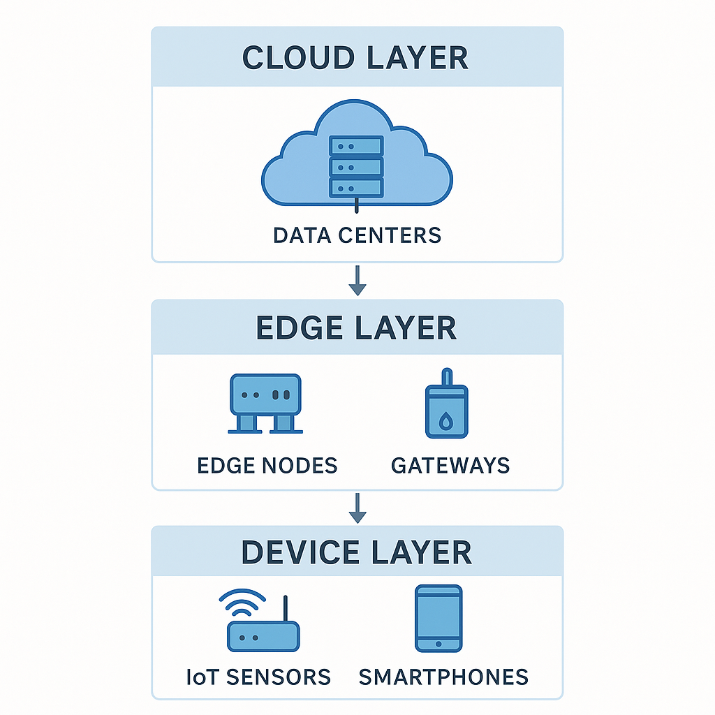 Edge computing architecture diagram showing device, edge, and cloud layers with data flow