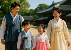 민속촌에서 한복을 입고 민속체험을 하고 있는 가족 모습