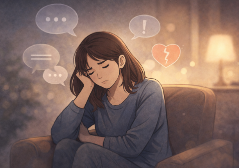 방안에서 혼자 생각에 잠긴 인물과 주변의 흐릿한 말풍선이 감정 회복의 필요성을 상징