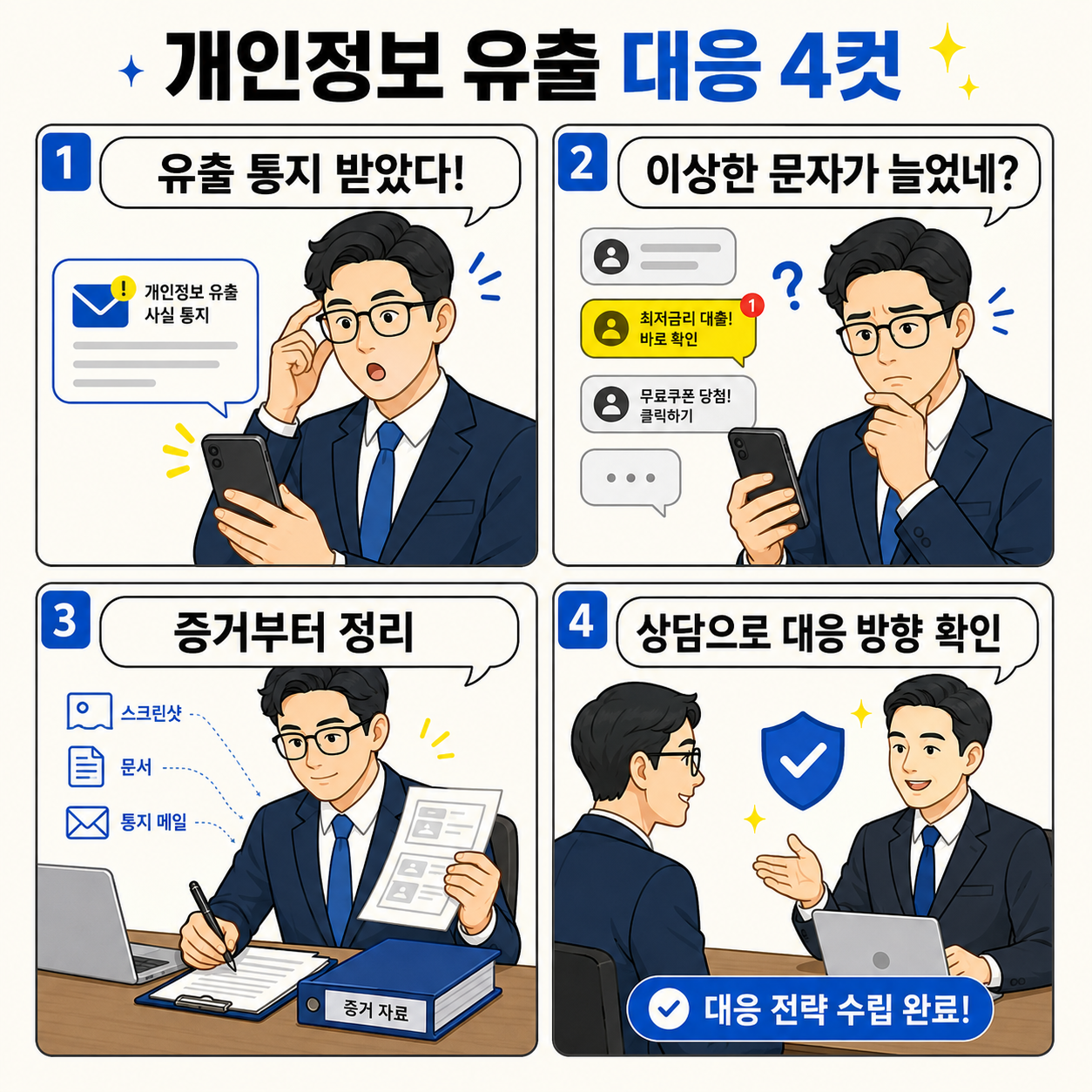 개인정보 유출 통지를 받은 뒤 이상한 문자가 늘어나자 증거를 정리하고 상담을 통해 대응 방향을 확인하는 과정을 보여주는 네컷만화